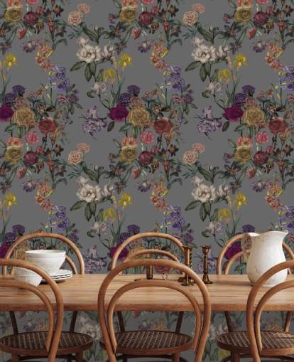 gray custom floral wall mural called Gray Flower Garden by Karina Eibatova for bedrooms and hallways