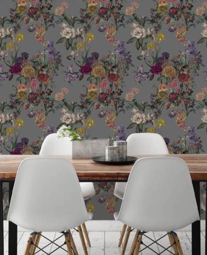 grijze op maat gemaakte bloemenmuurschildering genaamd Grey Flower Garden van Karina Eibatova voor slaapkamers en gangen