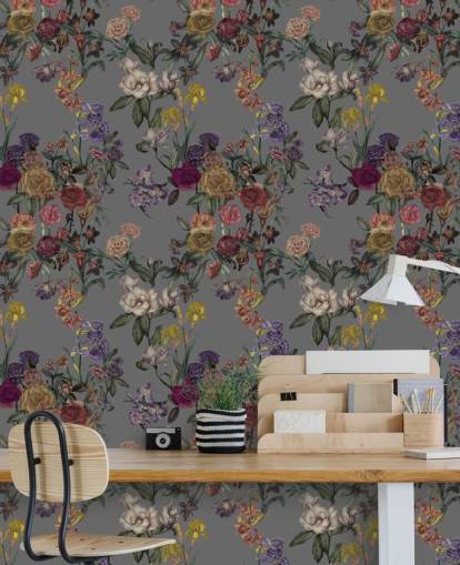 grått tilpasset blomsterveggmaleri kalt Grey Flower Garden av Karina Eibatova for soverom og ganger