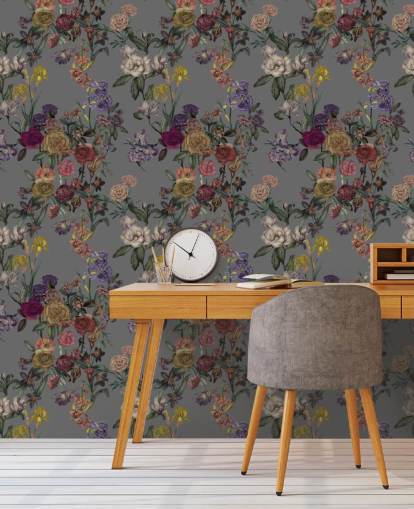 gray custom floral wall mural called Gray Flower Garden by Karina Eibatova for bedrooms and hallways