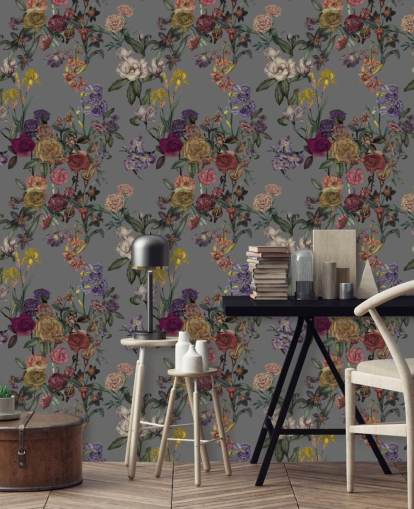 gray custom floral wall mural called Gray Flower Garden by Karina Eibatova for bedrooms and hallways