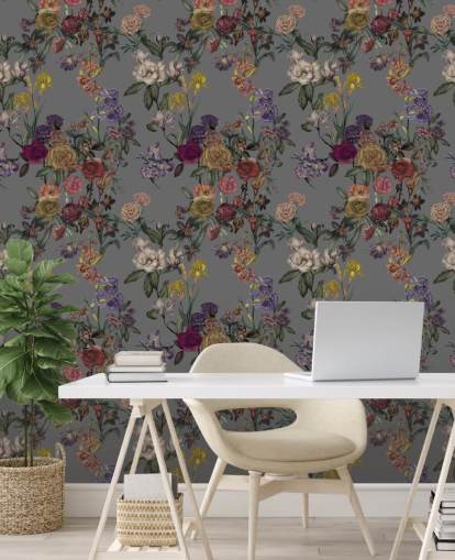 grått tilpasset blomsterveggmaleri kalt Grey Flower Garden av Karina Eibatova for soverom og ganger