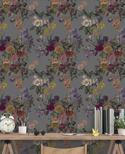 murale floreale personalizzato grigio chiamato Grey Flower Garden di Karina Eibatova per camere da letto e corridoi