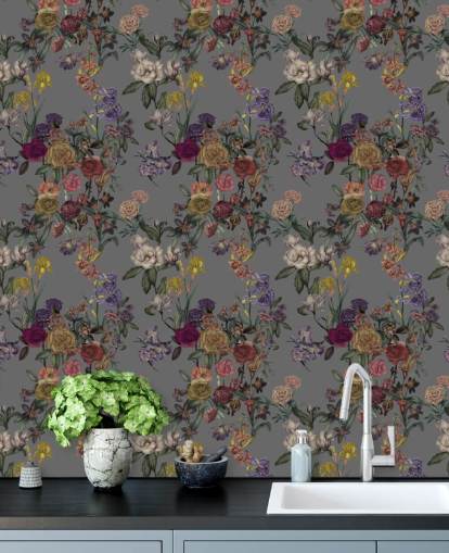 mural de pared floral personalizado gris llamado Grey Flower Garden de Karina Eibatova para dormitorios y pasillos