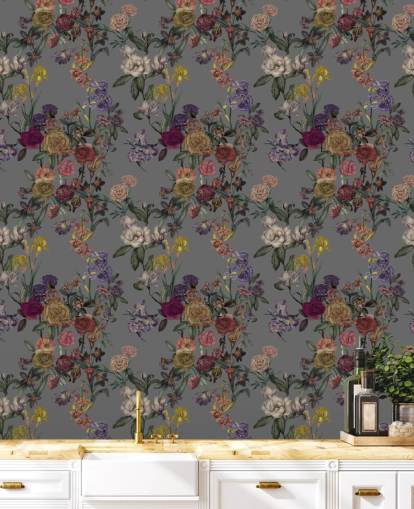 mural de parede floral personalizado cinza chamado Grey Flower Garden de Karina Eibatova para quartos e corredores