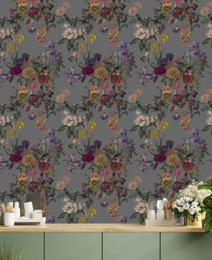 murale floreale personalizzato grigio chiamato Grey Flower Garden di Karina Eibatova per camere da letto e corridoi murale floreale personalizzato grigio chiamato Grey Flower Garden di Karina Eibatova per camere da letto e corridoi