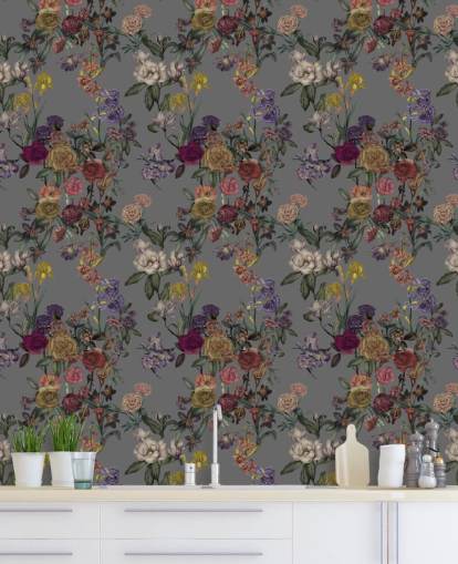 gray custom floral wall mural called Gray Flower Garden by Karina Eibatova for bedrooms and hallways
