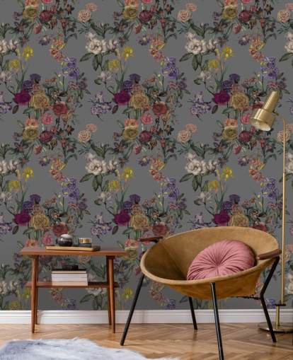 mural de pared floral personalizado gris llamado Grey Flower Garden de Karina Eibatova para dormitorios y pasillos