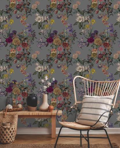 gray custom floral wall mural called Gray Flower Garden by Karina Eibatova for bedrooms and hallways