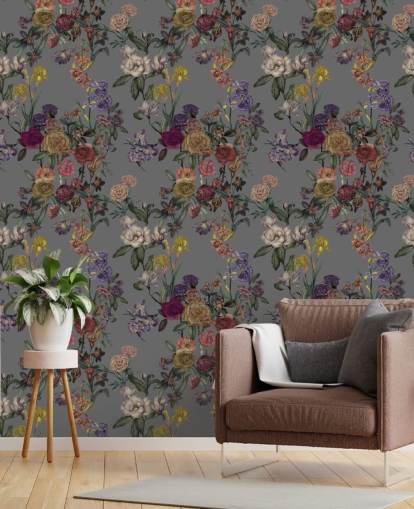 gray custom floral wall mural called Gray Flower Garden by Karina Eibatova for bedrooms and hallways