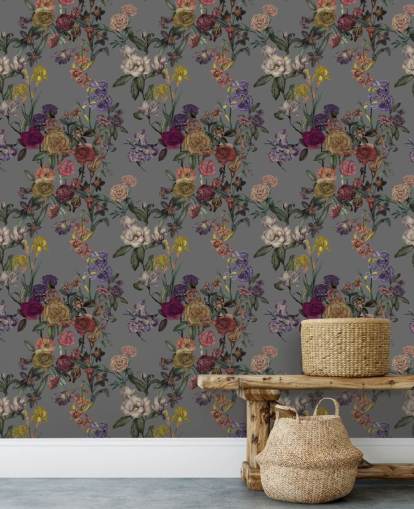murale floreale personalizzato grigio chiamato Grey Flower Garden di Karina Eibatova per camere da letto e corridoi murale floreale personalizzato grigio chiamato Grey Flower Garden di Karina Eibatova per camere da letto e corridoi
