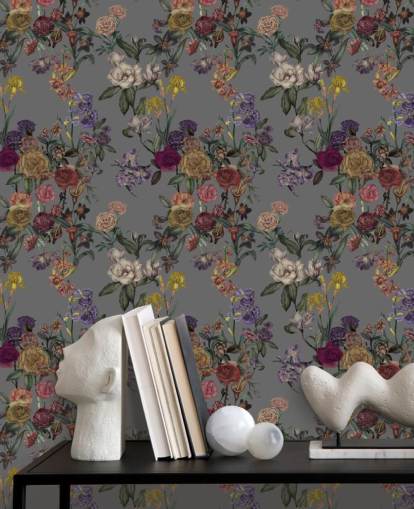 gray custom floral wall mural called Gray Flower Garden by Karina Eibatova for bedrooms and hallways