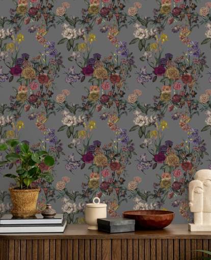 grey custom floral wall mural called Grey Flower Garden by Karina Eibatova for bedrooms and hallways