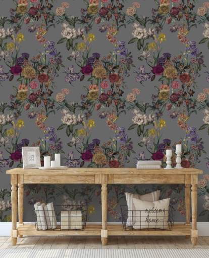 grå brugerdefineret blomstervægmaleri kaldet Grey Flower Garden af Karina Eibatova til soveværelser og gange