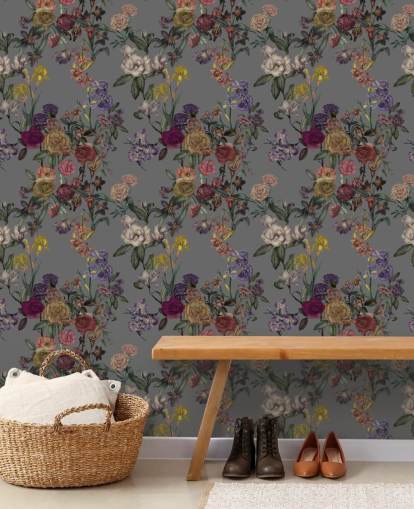 grey custom floral wall mural called Grey Flower Garden by Karina Eibatova for bedrooms and hallways