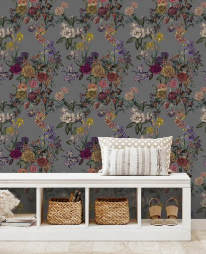 grey custom floral wall mural called Grey Flower Garden by Karina Eibatova for bedrooms and hallways