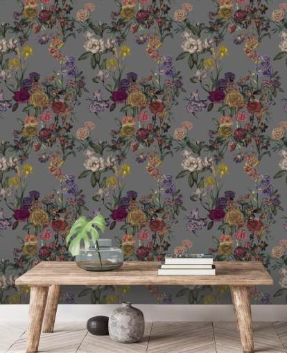 grått tilpasset blomsterveggmaleri kalt Grey Flower Garden av Karina Eibatova for soverom og ganger