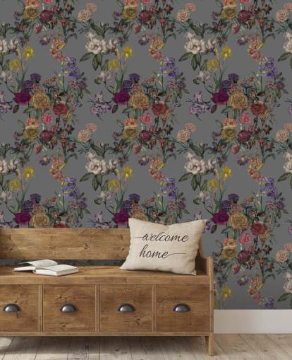 mural de pared floral personalizado gris llamado Grey Flower Garden de Karina Eibatova para dormitorios y pasillos