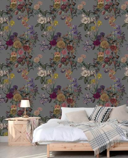 mural de pared floral personalizado gris llamado Grey Flower Garden de Karina Eibatova para dormitorios y pasillos mural de pared floral personalizado gris llamado Grey Flower Garden de Karina Eibatova para dormitorios y pasillos