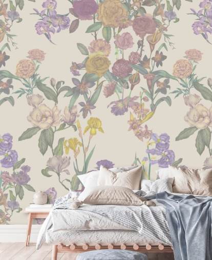 beige custom floral pattern wall mural called Light Beige Flower Garden by Karina Eibatova