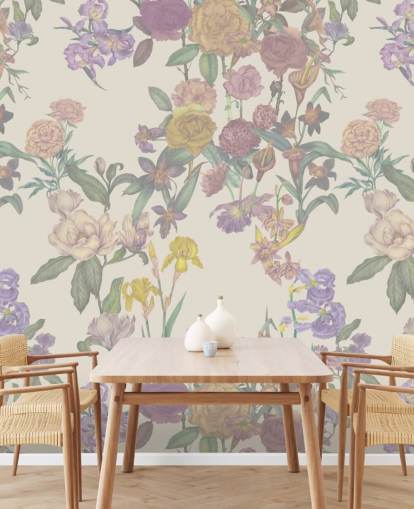 mural de parede bege com padrão floral personalizado chamado Light Beige Flower Garden de Karina Eibatova