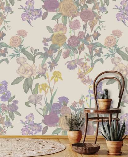 beigefarbenes Wandbild mit individuellem Blumenmuster namens Light Beige Flower Garden von Karina Eibatova