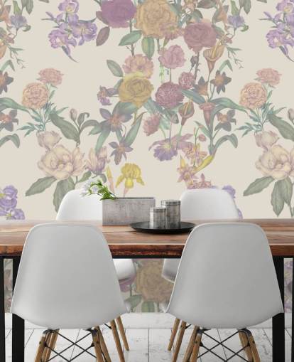 mural de parede bege com padrão floral personalizado chamado Light Beige Flower Garden de Karina Eibatova