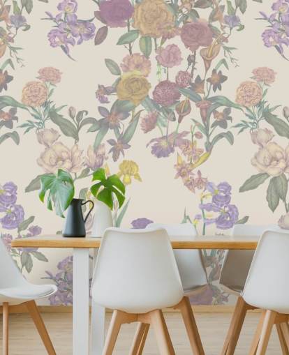 mural de pared con estampado floral personalizado de color beige llamado Light Beige Flower Garden de Karina Eibatova