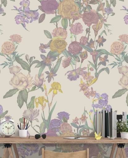 mural de parede bege com padrão floral personalizado chamado Light Beige Flower Garden de Karina Eibatova