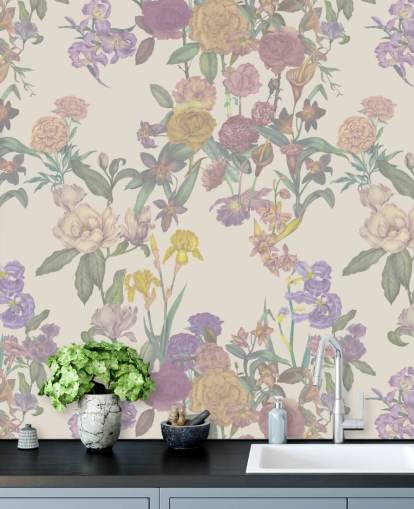 fresque murale beige à motif floral personnalisé appelée Light Beige Flower Garden par Karina Eibatova
