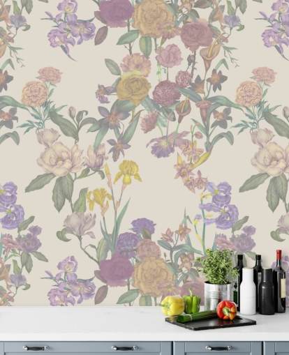 beige custom floral pattern wall mural called Light Beige Flower Garden by Karina Eibatova