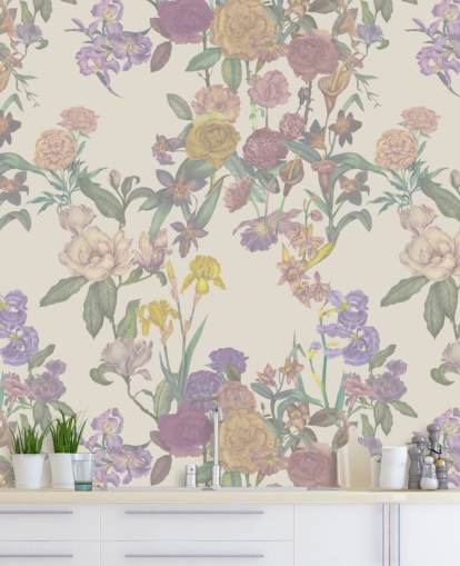 beige tilpasset blomstermønster veggmaleri kalt Light Beige Flower Garden av Karina Eibatova