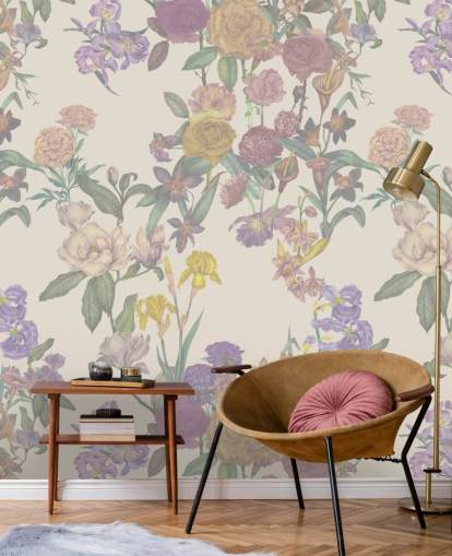 fresque murale beige à motif floral personnalisé appelée Light Beige Flower Garden par Karina Eibatova