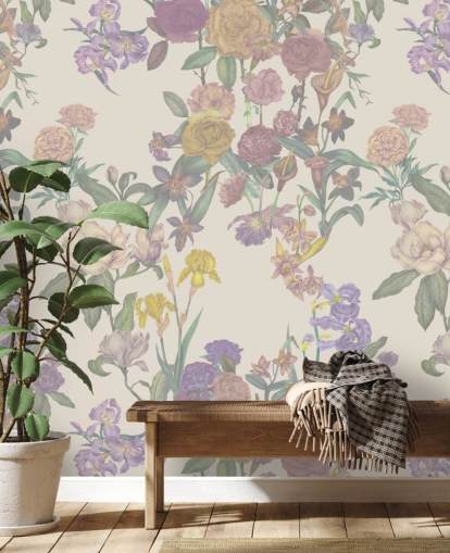 beige custom floral pattern wall mural called Light Beige Flower Garden by Karina Eibatova