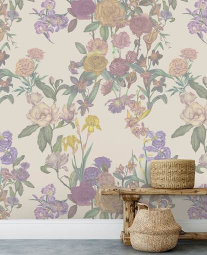 beige op maat gemaakte muurschildering met bloemenpatroon genaamd Light Beige Flower Garden van Karina Eibatova