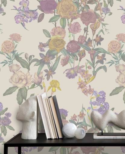 mural de parede bege com padrão floral personalizado chamado Light Beige Flower Garden de Karina Eibatova