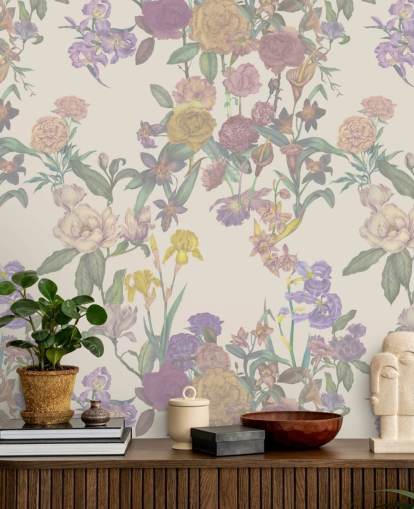 beige custom floral pattern wall mural called Light Beige Flower Garden by Karina Eibatova