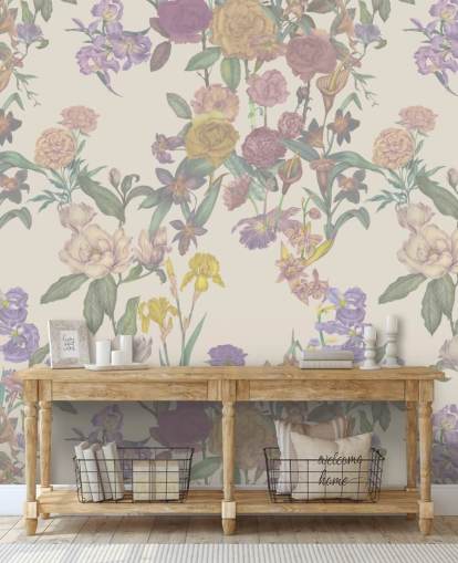 mural de parede bege com padrão floral personalizado chamado Light Beige Flower Garden de Karina Eibatova