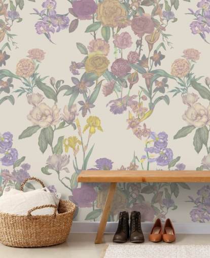 beigefarbenes Wandbild mit individuellem Blumenmuster namens Light Beige Flower Garden von Karina Eibatova