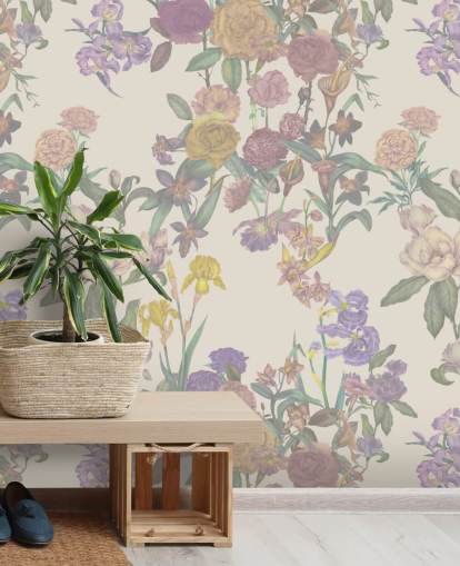 mural de pared con estampado floral personalizado de color beige llamado Light Beige Flower Garden de Karina Eibatova