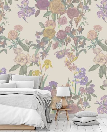 mural de parede bege com padrão floral personalizado chamado Light Beige Flower Garden de Karina Eibatova