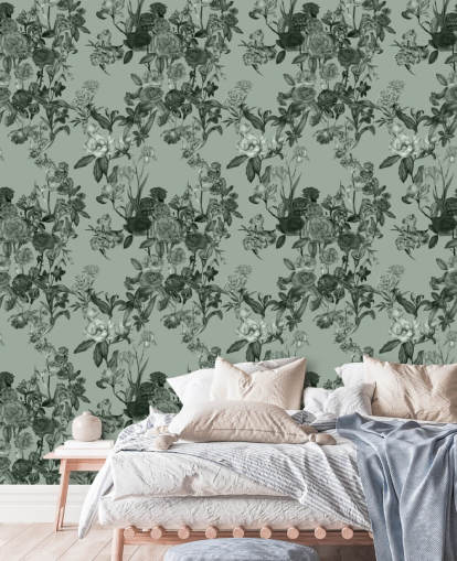 grøn tilpasselig blomstervægmaleri kaldet Mint Green Flower Garden af Karina Eibatova