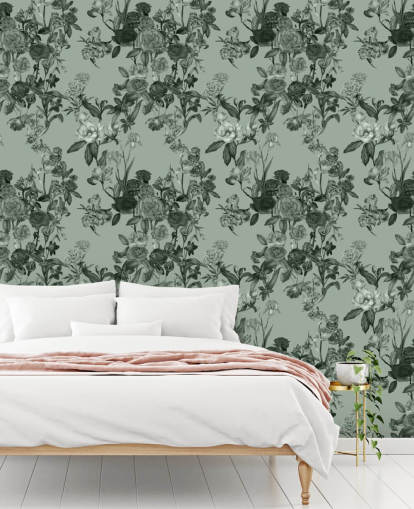 green customisable floral wall mural called Mint Green Flower Garden by Karina Eibatova
