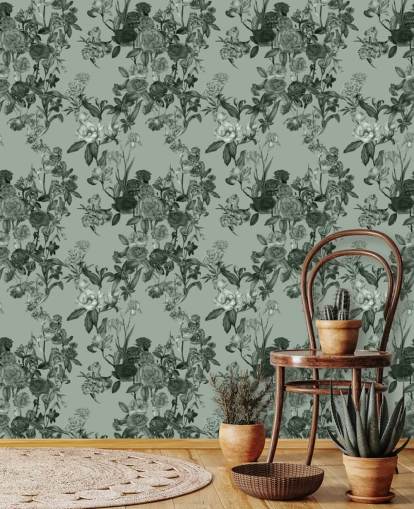 mural de pared floral personalizable verde llamado Mint Green Flower Garden de Karina Eibatova