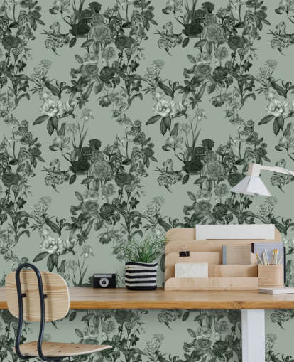 murale floreale verde personalizzabile chiamato Mint Green Flower Garden di Karina Eibatova