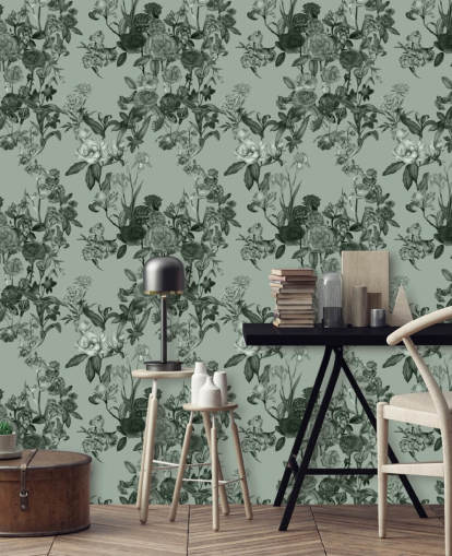 fresque murale florale personnalisable verte appelée Mint Green Flower Garden par Karina Eibatova fresque murale florale personnalisable verte appelée Mint Green Flower Garden par Karina Eibatova