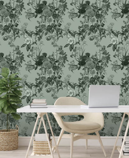 grøn tilpasselig blomstervægmaleri kaldet Mint Green Flower Garden af Karina Eibatova