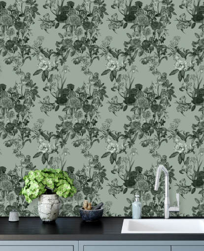 fresque murale florale personnalisable verte appelée Mint Green Flower Garden par Karina Eibatova