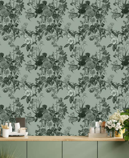 fresque murale florale personnalisable verte appelée Mint Green Flower Garden par Karina Eibatova