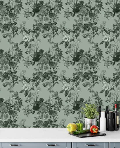 grön anpassningsbar blommig väggmålning kallad Mint Green Flower Garden av Karina Eibatova grön anpassningsbar blommig väggmålning kallad Mint Green Flower Garden av Karina Eibatova